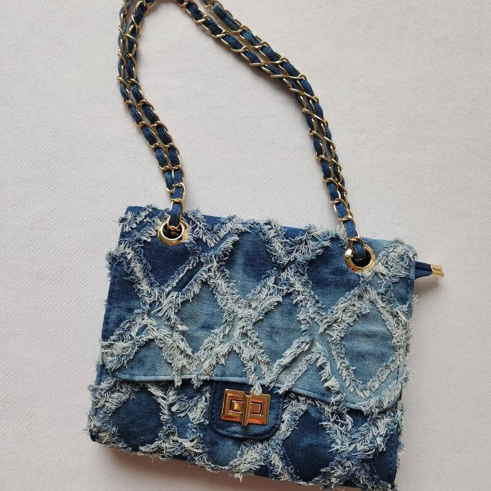 M. Marco MKP Quilted Distressed Denim Jean Handbag Crossbody Gold Chain Y2K 90s - Picture 10 of 12